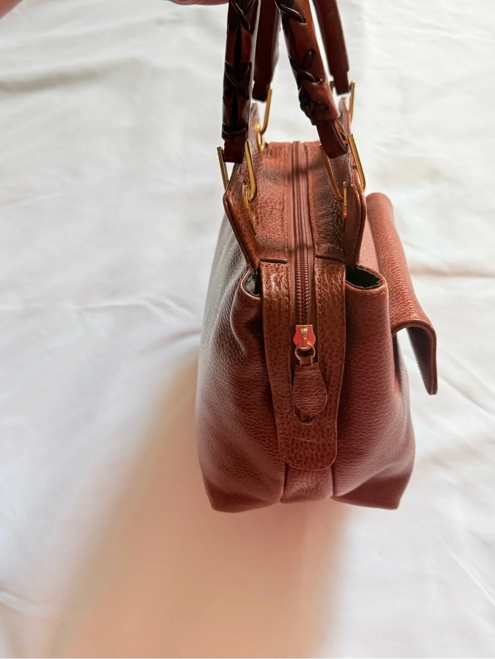 Vintage DESMO Brown Pebbled Leather Structured Top Handle Handbag Gold Hardware